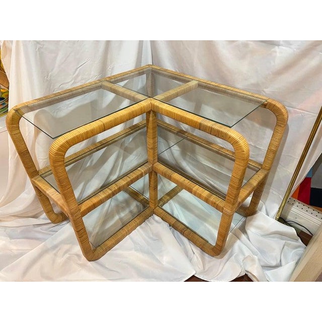 1970's Bielecky Brothers Wrapped Rattan and Glass Waterfall Corner Etagere For Sale In New York - Image 6 of 14