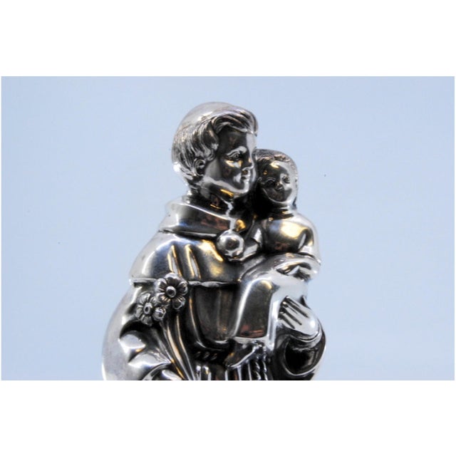 Metal Silver Statuette of Saint Anthony Holding Boy and Flowers For Sale - Image 7 of 9