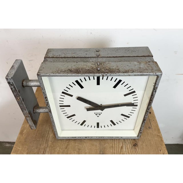 Industrial Square Double Sided Factory Wall Clock from Pragotron, 1970s For Sale - Image 10 of 16