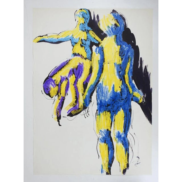 Late 20th century mixed media oil pastel on thin paper abstract blue and yellow figures painting. Unsigned. Unframed,...