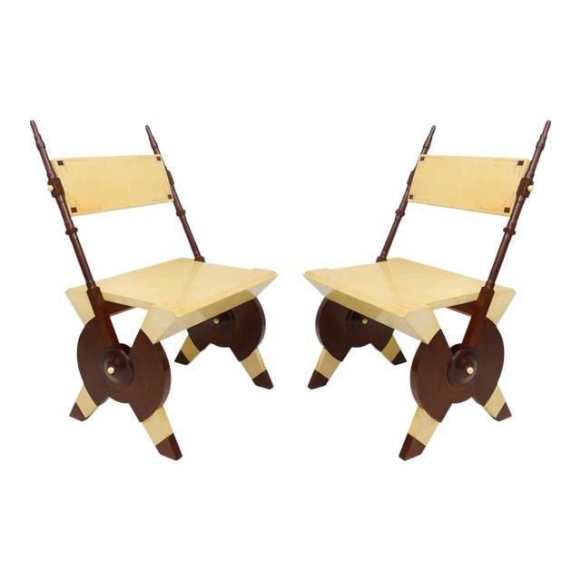 Pair of Carlo Bugatti Inspired Handcrafted Parchment and Mahogany Chairs For Sale