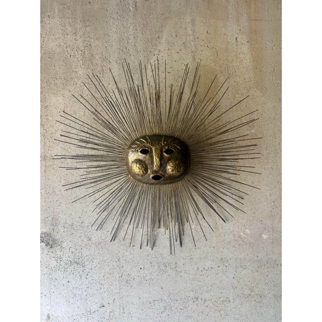 Metal 1970s Brutalist Brass Sun Face Wall Sculpture by Emaus, Mexico For Sale - Image 7 of 7