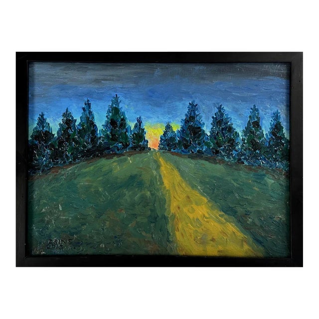Vintage Expressionist Landscape With Trees and Sunrise on Horizon, Signed (Acrylic on Canvas) For Sale