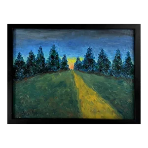Vintage Expressionist Landscape With Trees and Sunrise on Horizon, Signed (Acrylic on Canvas)