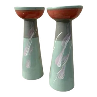 (Set of 2 ) Vohann of California Pottery Pastel Ceramic Candle Sticks For Sale