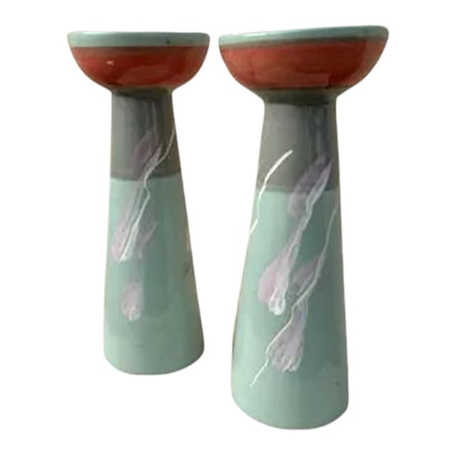 (Set of 2 ) Vohann of California Pottery Pastel Ceramic Candle Sticks For Sale
