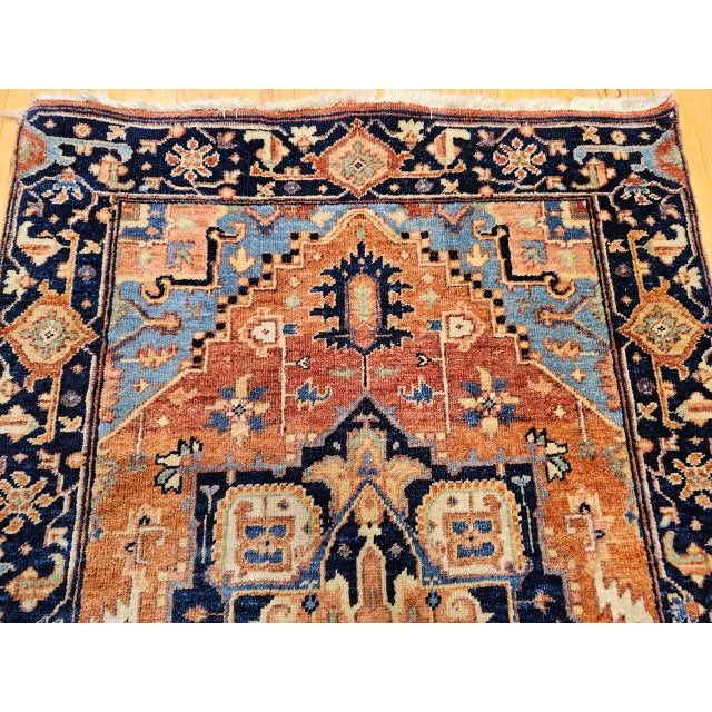 Terra Cotta Antique Persian Heriz Serapi Rug, Hand-Knotted Wool, Geometric Pattern, Brick-Red & Blue, 3x3 For Sale - Image 8 of 13