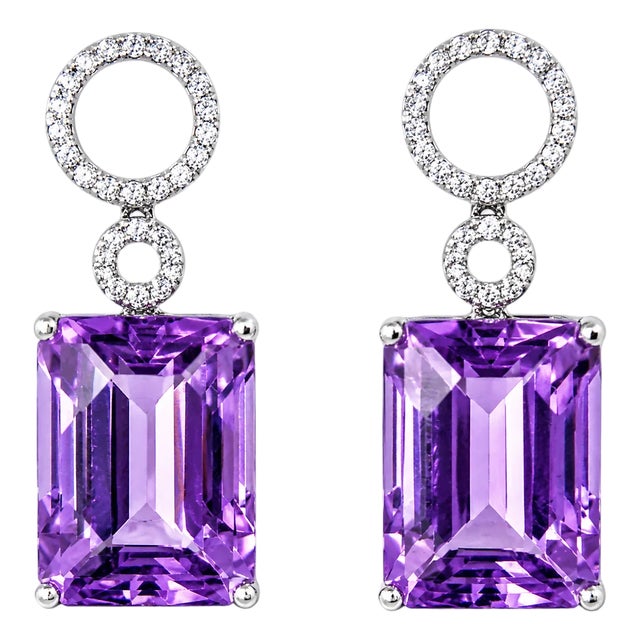 Late 20th Century 18K White Gold Diamond Amethyst Drop Earrings, Pair For Sale