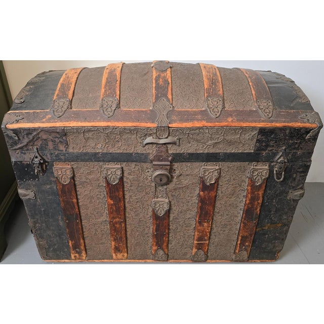 Wood Monumental Victorian Dome Top Steamer Trunk With Rare Floral Embossed Tin and Pony Express Wichita Kansas Label For Sale - Image 7 of 13
