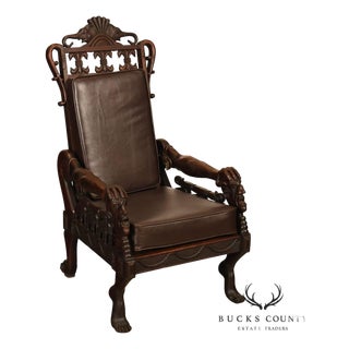 Exceptional 19th Century Anglo-Indian / Burmese Colonial Figural Carved Hardwood Throne Armchair For Sale