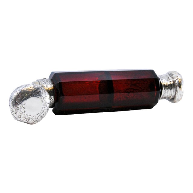 Double Perfume Bottle in Garnet Glass with Engraved Silver Caps For Sale