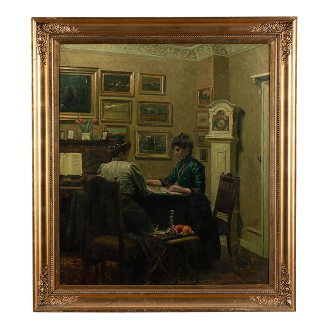 Original Oil on Canvas Painting of Two Women Playing Cards, Signed and Dated Fritz Kraul 1912 For Sale