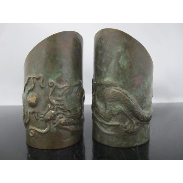 Bronze Chinese Bronze Dragon With Pearl Hoof Shaped Brush Cup Paperweight Pair For Sale - Image 8 of 18
