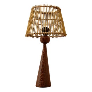 Keel-Shaped Wood Table Lamp with Bamboo Shade, 1960s For Sale