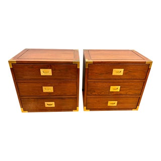 Mid Century Campaign Style Three Drawer Chests Nightstands, Pr For Sale