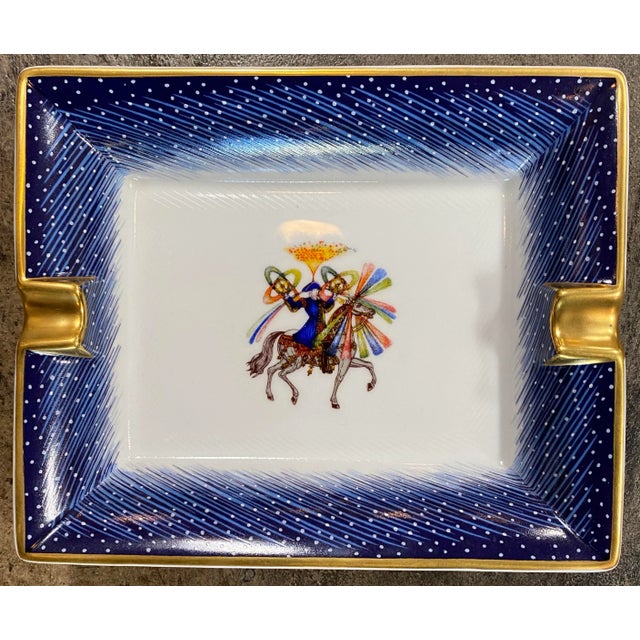 980's Vintage Hermes Rare Blue Porcelain Fan Ashtray made with porcelain and signed on the bottom.