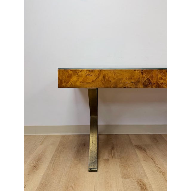 Mid 20th Century Vintage John Stuart MCM Burlwood Executive Desk Bronze Legs Glass Top Collectable For Sale - Image 5 of 13
