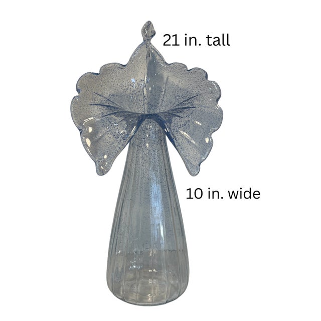 21 In. Tall Art Glass Clear Fluted Confetti Blue Speckled Flower Shaped Vase For Sale - Image 16 of 17