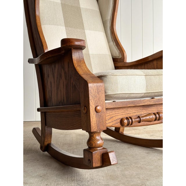 Studio Craft Oak Wingback Rocking Chair With Carved Rail, C. 1970s For Sale - Image 18 of 18