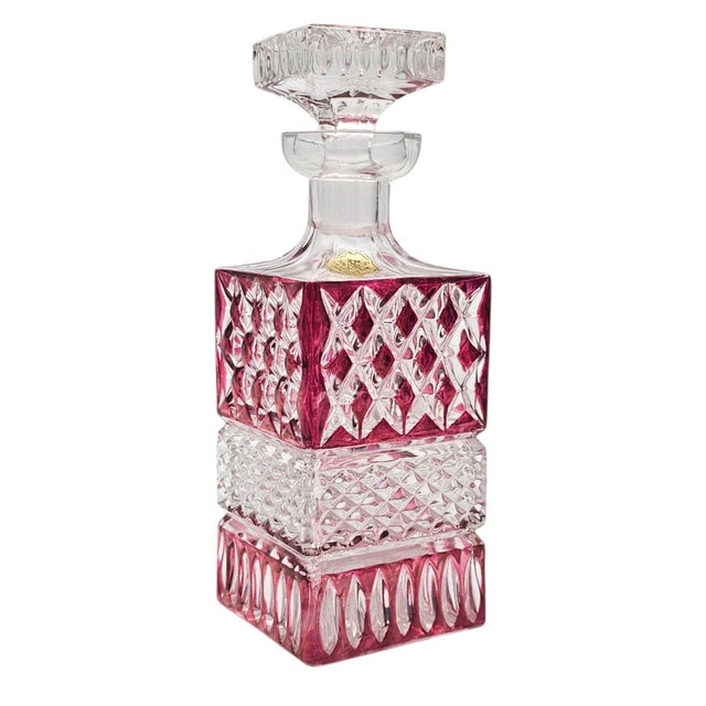 1960s West German a & H Cranberry Cut-to-Clear Lead Crystal Whiskey Decanter 9" For Sale - Image 4 of 15