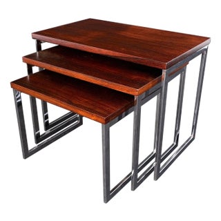 Rosewood Tops Chrome Base Mid Century Modern Set of 3 Nesting Side End Tables For Sale