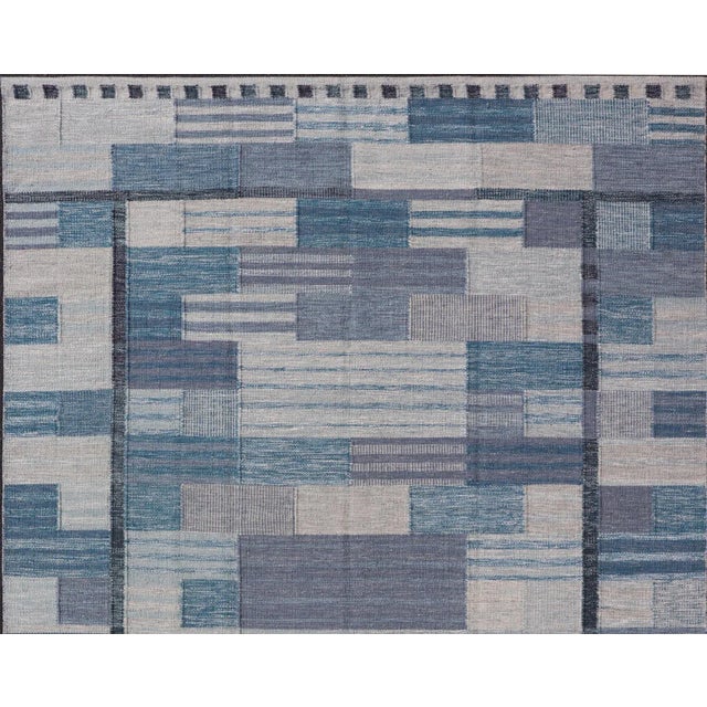 Scandinavian Style Flat-Weave Rug with Modern Design in Gray, Black, And Blues. Keivan Woven Arts, rug RJK-30118-SHB-183,...