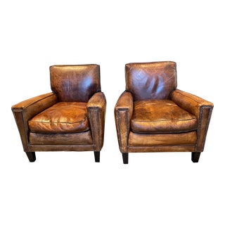 Jean De Merry Distressed Leather Art Deco Club Chairs - a Pair For Sale