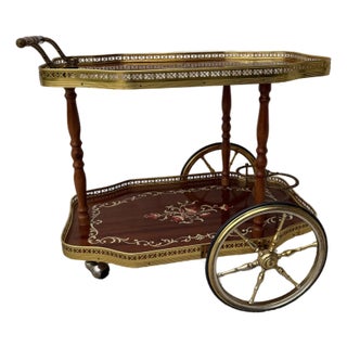 Mid-Century Traditional Wood and Brass Tea Cart With Floral Detail For Sale