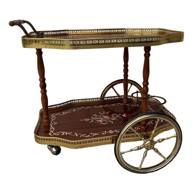 Mid-Century Traditional Wood and Brass Tea Cart With Floral Detail For Sale