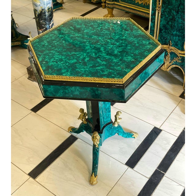 French-Inspired Geometric Center Table – Green Marbled Finish, Gold Leaf Trim & Sculptural Gilded Details For Sale - Image 4 of 5