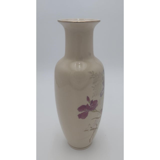 Mid-Century Modern Vintage Japanese Porcelain Vase With Hand-Painted Irises & Songbird Motif For Sale - Image 3 of 8