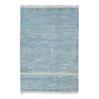 Modern Abstract Moroccan Style Wool Rug in Azure Blue and White, Hand-Knotted For Sale