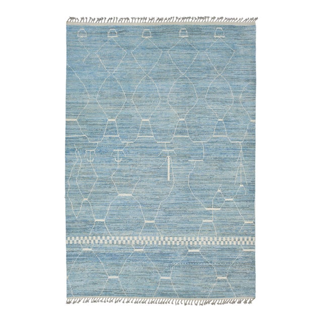 Modern Abstract Moroccan Style Wool Rug in Azure Blue and White, Hand-Knotted For Sale