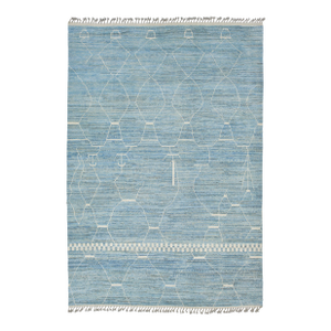 Modern Abstract Moroccan Style Wool Rug in Azure Blue and White, Hand-Knotted