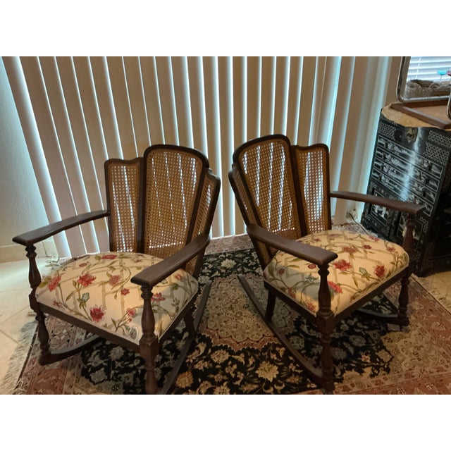 Brown Pair of Vintage Cane‑Back Floral Rocking Armchairs For Sale - Image 8 of 12