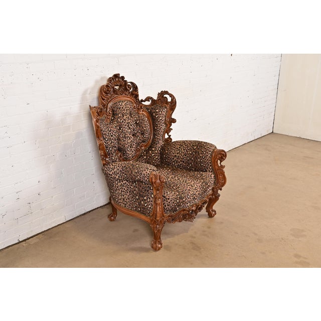 R. J. Horner & Co. Italian Baroque Ornate Carved Walnut Throne Chair or Lounge Chair With Leopard Print Upholstery For Sale - Image 4 of 13