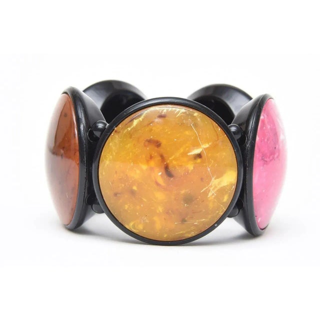 Plastic Vintage French Resin Five Disk Pink, Amber Yellow, Sage Green, Rust Orange Stretch Bracelet 80's For Sale - Image 7 of 9