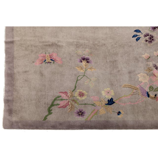 Gemstone 1920s Antique Chinese Art Deco Rug Floral & Bird Motif in Taupe & Amethyst For Sale - Image 7 of 11