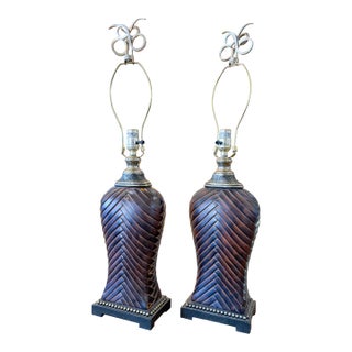 Cast Ceramic Lamps in Faux, Overlapping Leather Pattern - a Pair For Sale