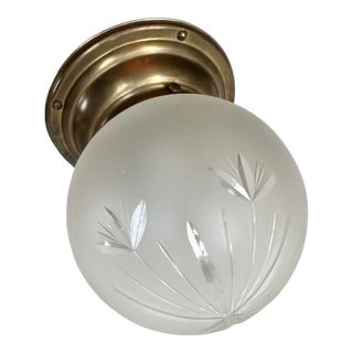 Frosted Wheat Pattern Wheelcut Flush Mount Fixtures on Original Patina Brass Holders, Circa 1920 For Sale