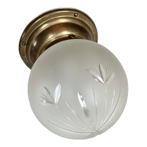 Frosted Wheat Pattern Wheelcut Flush Mount Fixtures on Original Patina Brass Holders, Circa 1920