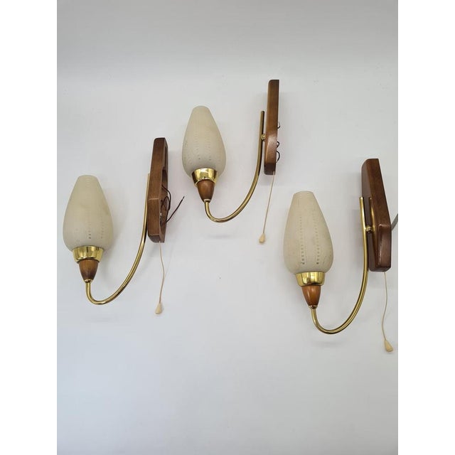 Mid-Century Modern Wall Sconces in Wood and Brass, 1950s-1960s, Set of 3 For Sale - Image 10 of 14