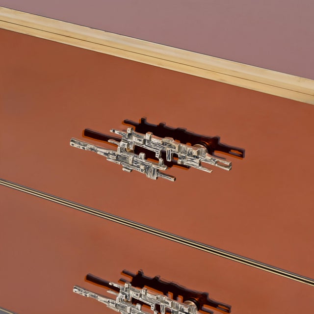 2000 - 2009 Mid-Century Modern Style Amber Mirrored Chest of Drawers with Brass Details, 2000 For Sale - Image 5 of 7
