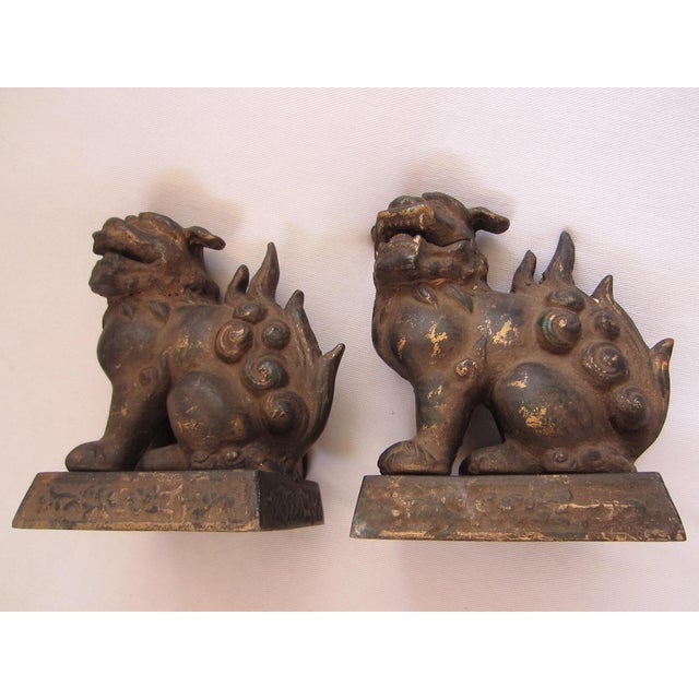 Bronze 19th Century Chinese Foo Dogs Gilt Bronze Lions Bookends- A Pair For Sale - Image 8 of 13