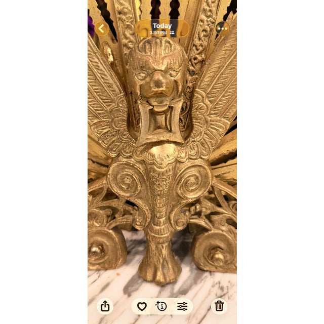 1960s Brass Peacock Folding Fireplace Screen With Winged Griffin Gargoyle Motif For Sale In Charleston - Image 6 of 8