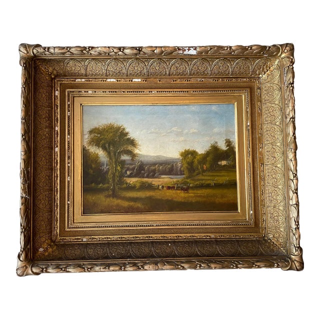 Antique 19thCentury Pastoral Landscape Oil Painting L Davis Dated 1874 For Sale