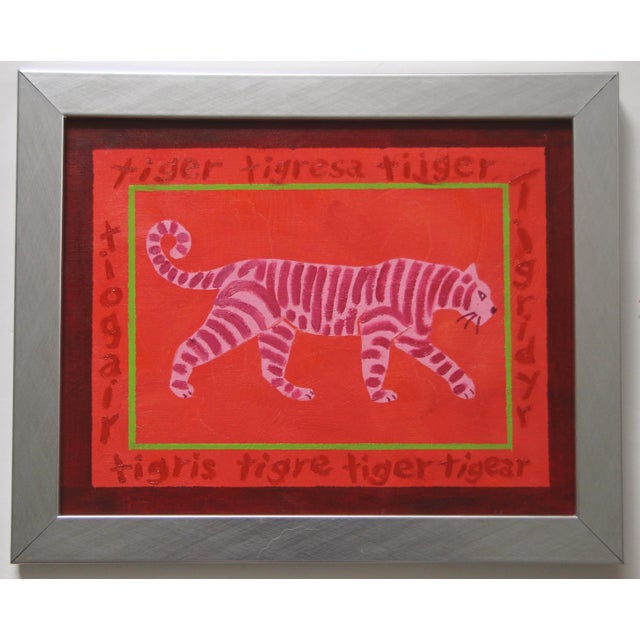 Tiger in shades of flamingo-orange. red, raspberry-pink with a burgundy and lime green border and lettering, with...