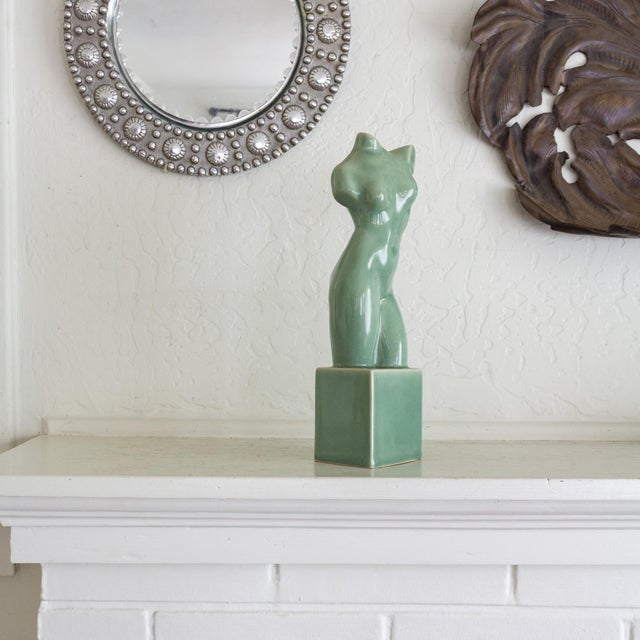 Ceramic Nude Female Sculpture on Plinth With Sage Green Glaze For Sale - Image 10 of 18