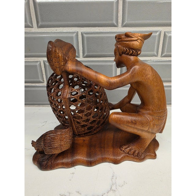 Mid-Century Balinese Teak Cockfighter With Double-Rooster Openwork Cage Sculpture For Sale In Phoenix - Image 6 of 12