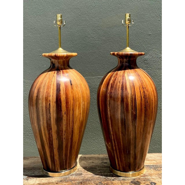 Vintage Striped Wood Table Lamps With Brass Base - a Pair For Sale In West Palm - Image 6 of 15